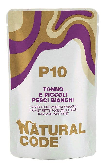 Natural code p10 tonno e piccoli pesci bianchi gatti adulti busta 70g