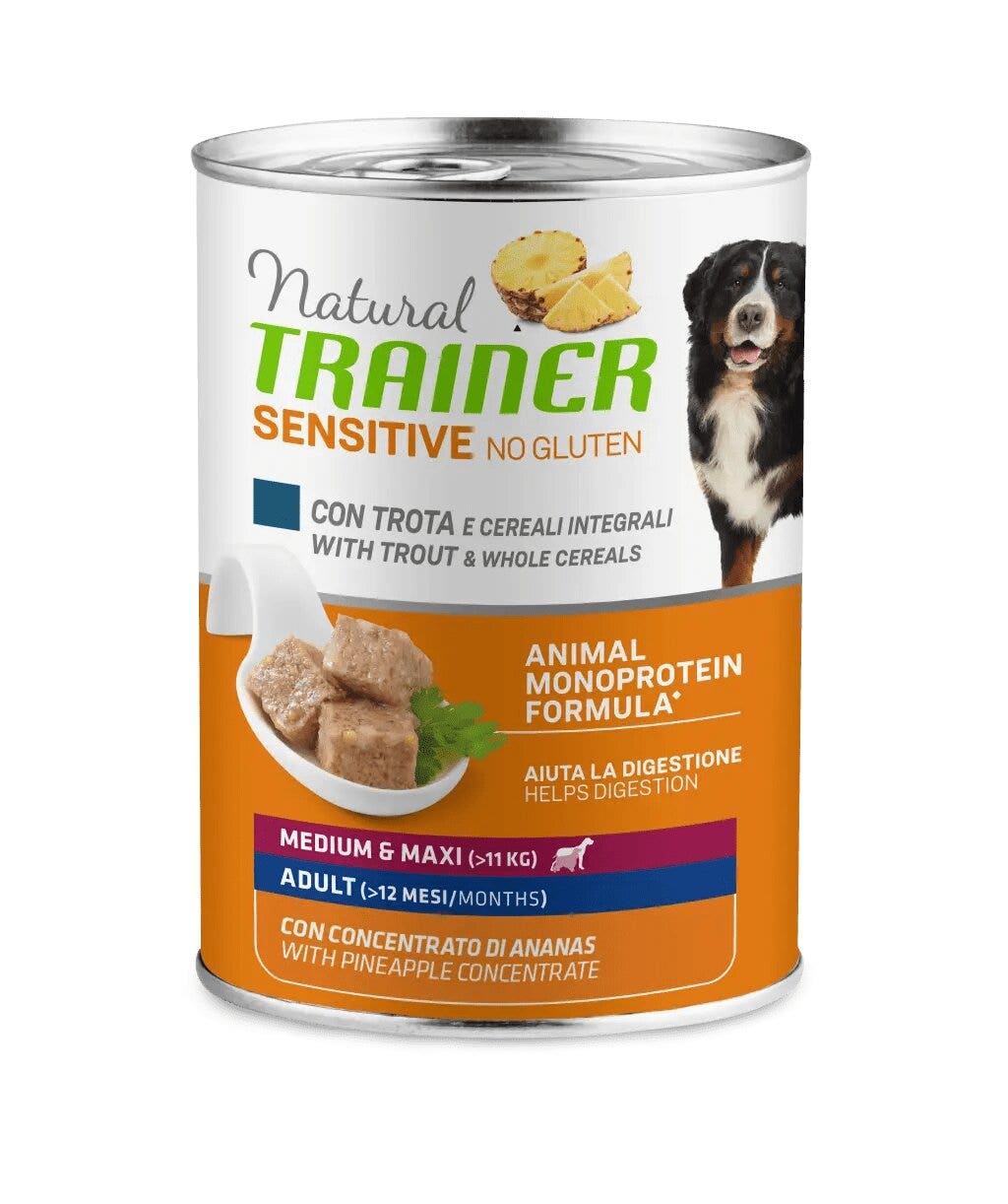 Natural trainer cane sensitive no gluten medium & maxi adult con trota e cereali 400g