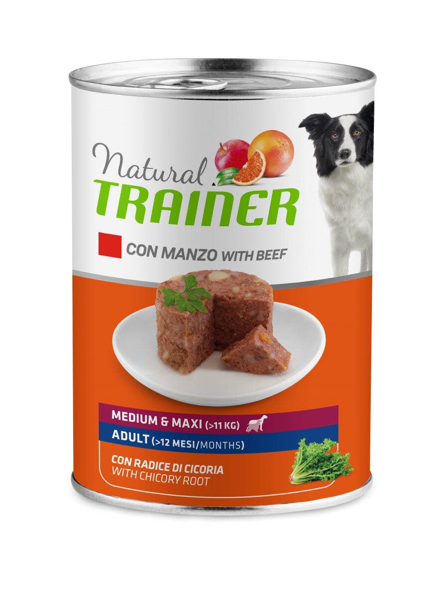 Natural trainer cibo umido manzo/riso per cani adulti taglia media/grande lattina 400g