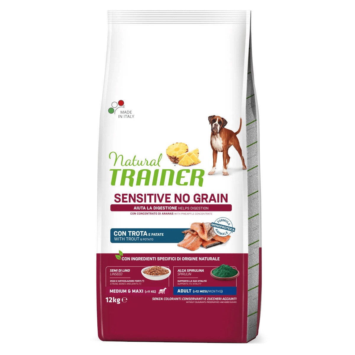 Natural trainer sensitive no grain medium & maxi adult con trota per cani adulti 12kg