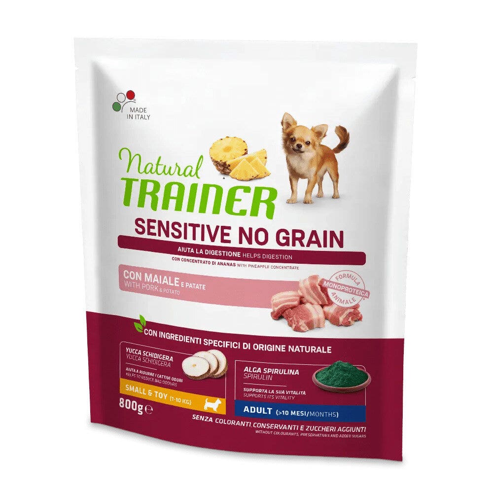 Natural trainer sensitive no grain small & toy adult con maiale per cani toy 800g