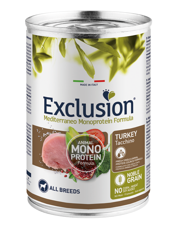 Exclusion Mediterraneo Monoprotein Noble Grain Umido Al Tacchino Per Cani Lattina 400gr