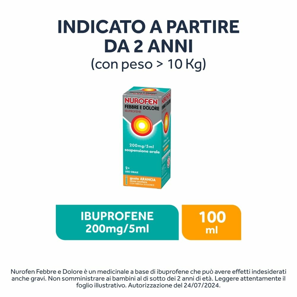 Nurofen Febbre e Dolore Bambini 200 mg/5 ml Sospensione Orale Arancia 100 ml