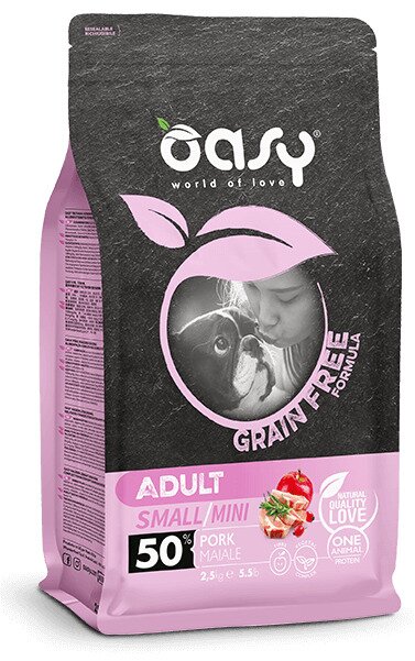 Oasy grain free formula cibo secco maiale per cani adulti taglia piccola 800g