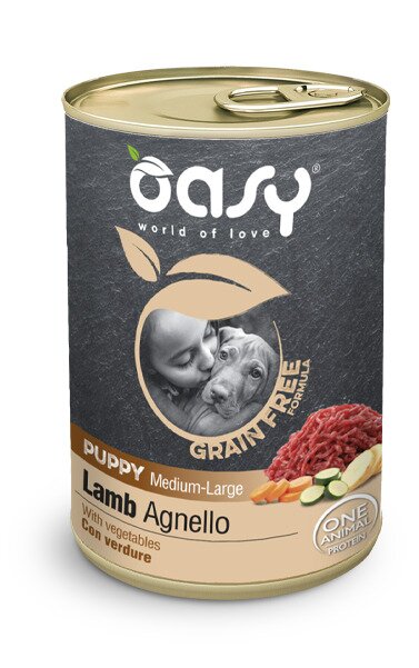 Oasy grain free formula cibo umido agnello per cani cuccioli taglia media/grande 400g