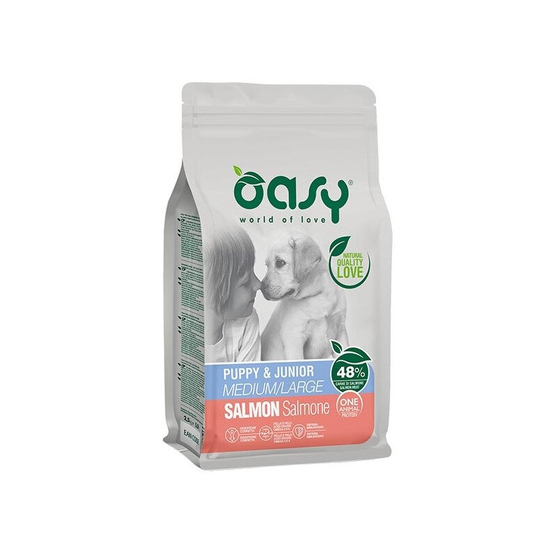 Oasy one animal protein puppy & junior medium & large con salmone per cani cuccioli 2.5kg