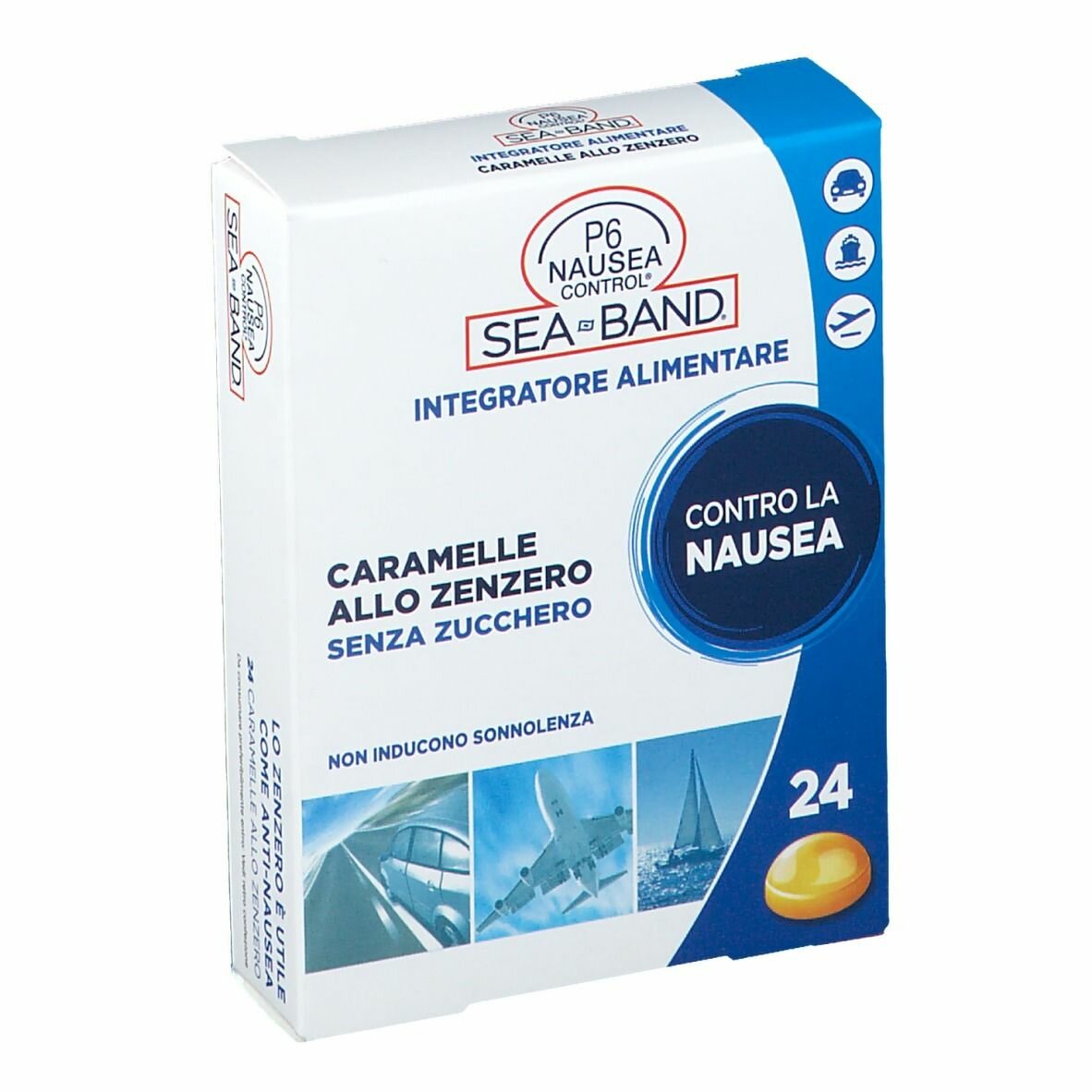 Sea band p6 nausea control viaggio allo zenzero 24 caramelle 