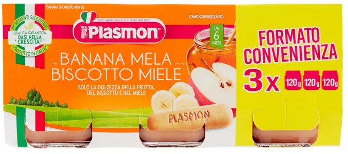 Plasmon omogeneizzato banana/mela/biscotti/miele 120 g x 3 pezzi