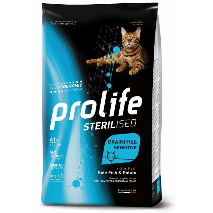 Prolife cat sterilised grain free cibo secco per gatti adulti sogliola e patate 1,5kg