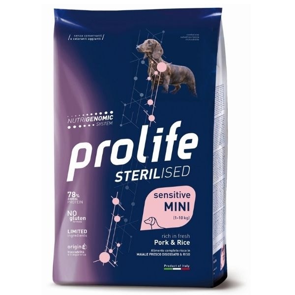 Prolife dog sterilised sensitive maiale e riso cibo secco per cani taglia piccola sacco 2kg