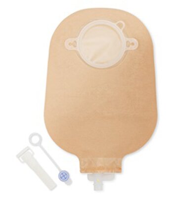 Sacca per urostomia dansac nova 2 anatomica trasparente midicon rubinetto di chiusura di sicurezza 55mm 10 pezzi + 1 adattatore e 10 tappini esterni