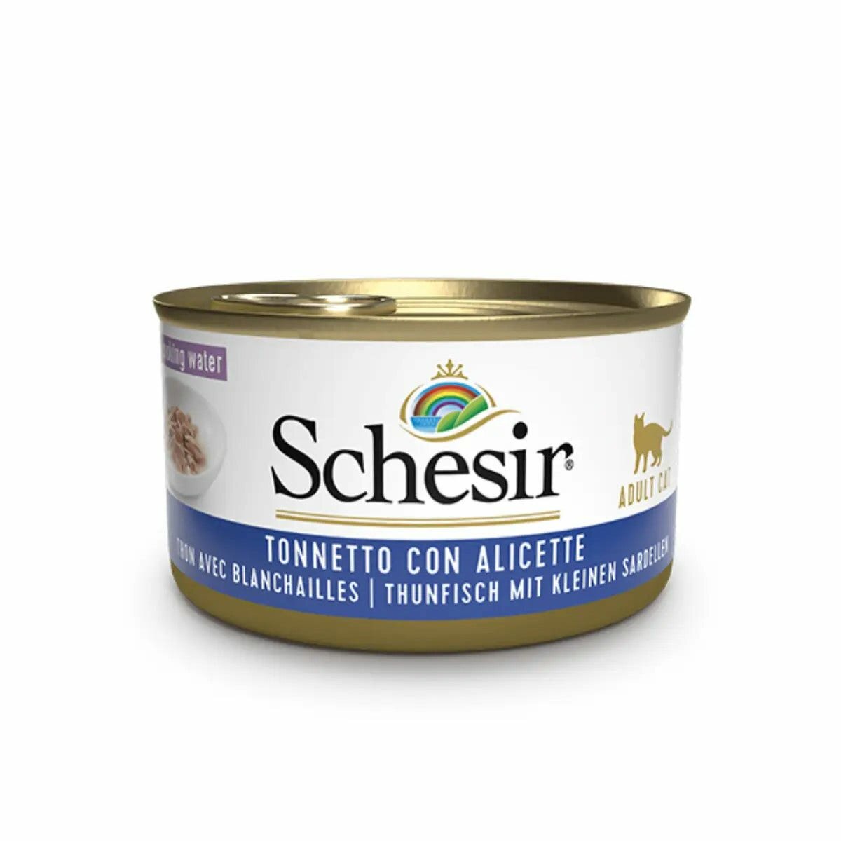 Schesir cat cibo umido tonnetto con alicette in brodo per gatti lattina 85g