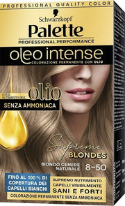 Schwarzkopf palette oleo intense senza ammoniaca con doppio olio attivatore 8-50 biondo cenere naturale 173 g