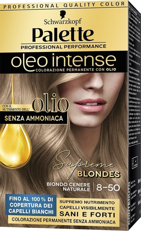 Schwarzkopf palette oleo intense senza ammoniaca con doppio olio attivatore 8-50 biondo cenere naturale 173 g