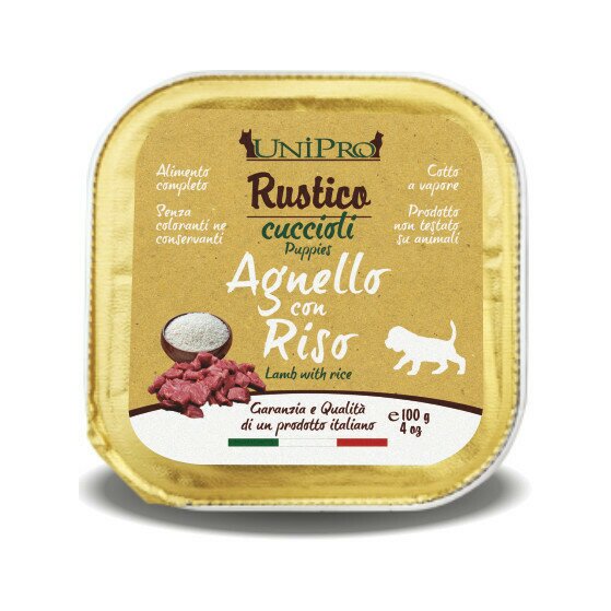 Unipro rustico cibo umido agnello e riso per cani cuccioli vaschetta 100g