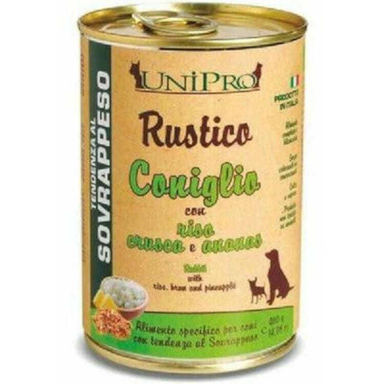 Unipro rustico coniglio con riso/crusca/ananas per cani sovrappeso barattolo 400g