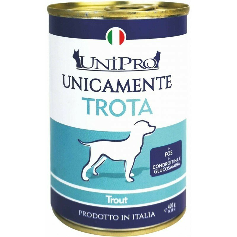 Unipro unicamente trota cibo umido cani adulti barattolo 400g