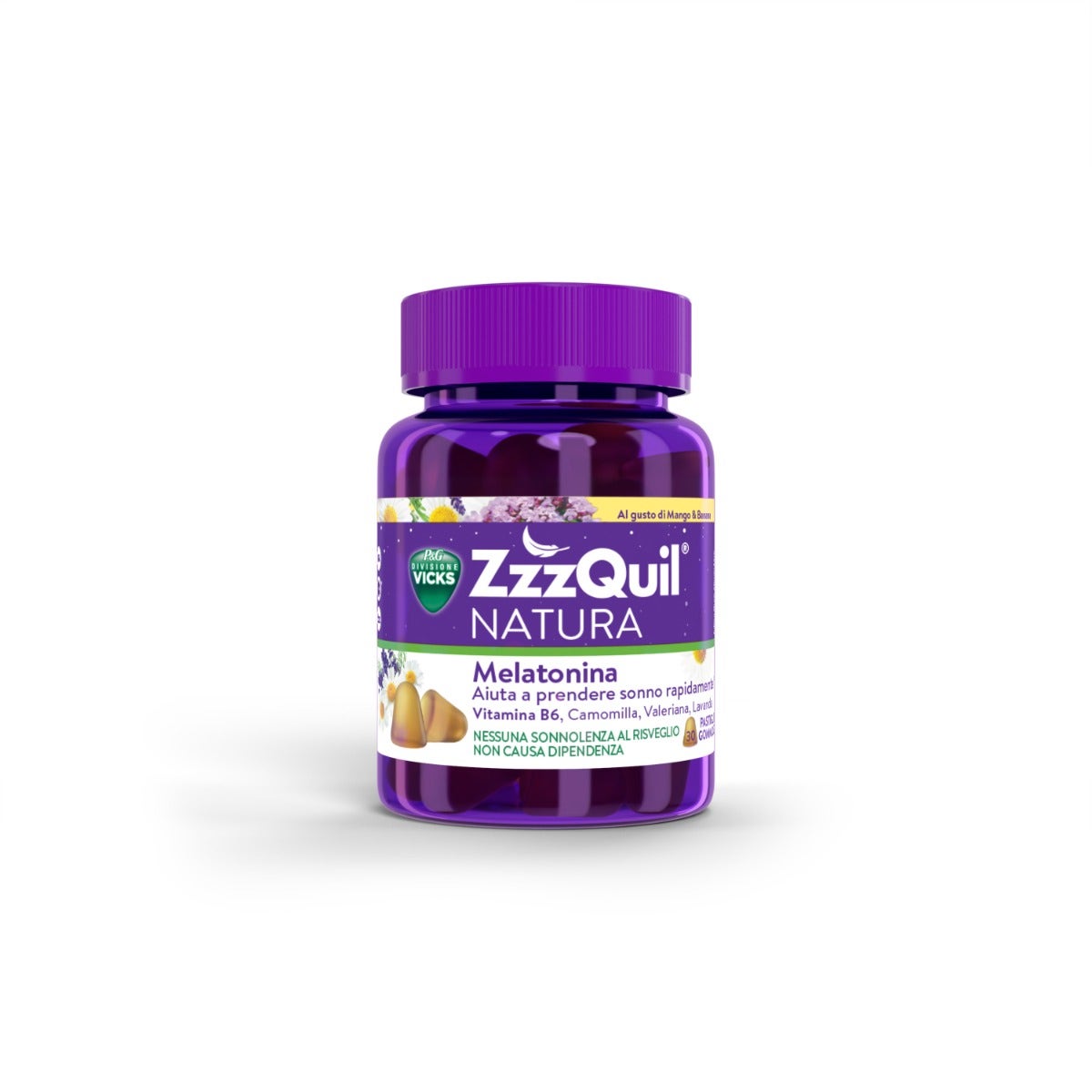 ZzzQuil NATURA Per Dormire 30 Gommose Mango Banana con Melatonina Camomilla Valeriana Lavanda