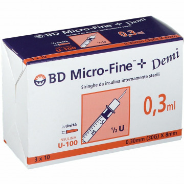 Becton Dickinson Micro-Fine Demi Siringa Insulina 0,3 ml ago 30G 8mm 30 pezzi