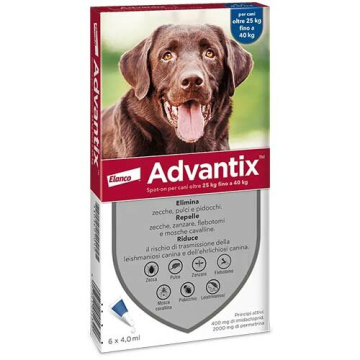 Advantix spot-on per cani oltre 25 kg fino a 40 kg - 400 mg + 2.000 mg soluzione spot on per cani da 25 a 40 kg 6 pipette da 4 ml