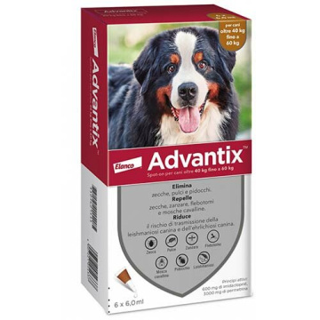 Advantix spot-on per cani oltre 40 kg fino a 60 kg - 600 mg + 3.000 mg soluzione spot on per cani da 40 a 60 kg 6 pipette da 6 ml