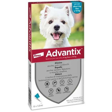 Advantix spot-on per cani oltre 4 kg fino a 10 kg - 100 mg + 500 mg soluzione spot on per cani da 4 a 10 kg 6 pipette da 1 ml
