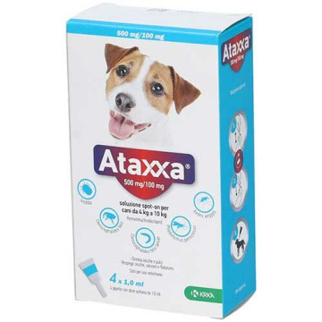 Ataxxa 500 mg/100 mg soluzione spot-on per cani da 4 kg a 10 kg - 500 mg + 100 mg soluzione spot on per cani da 4 a 10 kg 4 pipette da 1 ml