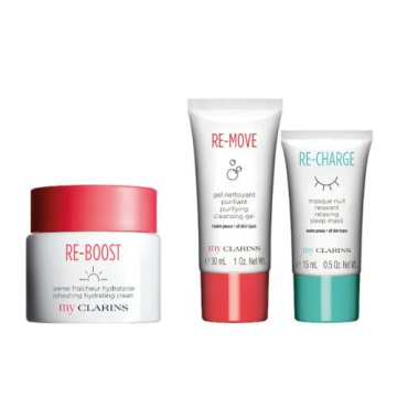 Clarins value pack my clarins launch x mass 1 re boost hydrating cream  50 ml + 1 re charge relaxing sleep mask 15 ml +1 re move purifyng cleansing gel 30 ml
