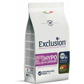 Exclusion monoprotein veterinary diet formula dog hypoallergenic horse and potato medium/large 12 kg dry