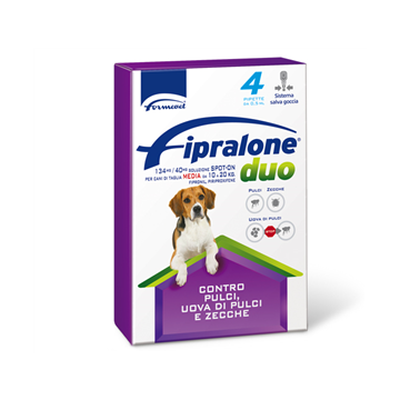 Fipralone duo 134 mg/40 mg soluzione spot-on per cani di taglia media - 134 mg + 40 mg soluzione spot on per cani da 10 a 20 kg 4 pipette 1,34 ml