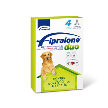 Fipralone duo 268 mg/80 mg soluzione spot-on per cani di taglia grande - 268 mg + 80 mg soluzione spot on per cani da 20 a 40 kg 4 pipette 2,68 ml
