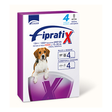 Fipratix 134 mg/1200 mg soluzione spot-on per cani di taglia media - 134 mg + 1.200 mg soluzione spot on per cani da 10 a 20 kg 4 pipette da 2,20 ml