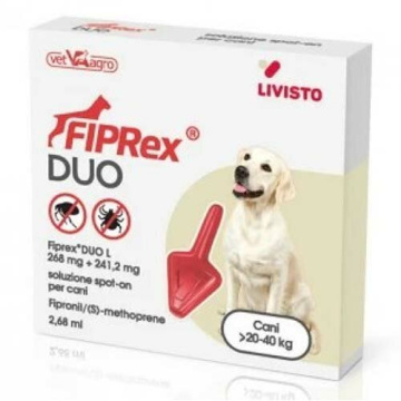Fiprex duo l soluzione spot-on per cani 20-40 kg - 268 mg + 241,2 mg soluzione spot on per cani da 20 a 40 kg 1 pipetta da 2,68 ml