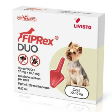 Fiprex duo s, soluzione spot-on per cani 2-10 kg - 67 mg + 60,3 mg soluzione spot on per cani da 2 a 10 kg 1 pipetta da 0,67 ml