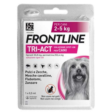 Frontline tri-act soluzione spot-on per cani di 2-5 kg - 33,8 mg + 252,4 mg soluzione spot on per cani da 2 a 5 kg 1 pipetta da 0,5 ml