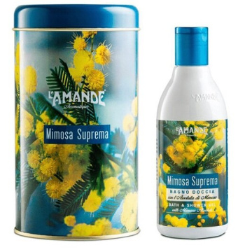 L'amande mimosa suprema boite metallica cilindrica bagnodoccia 250 ml