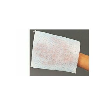 Manopola monouso per lavaggi parziali composta da una spugnain poliestere saponata e da un drappo in tessuto non tessuto senza risciacquo detergente a ph isocutaneo