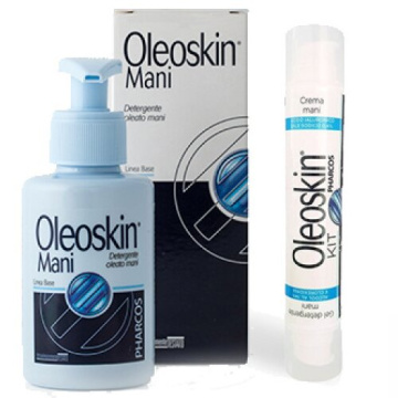 Oleoskin kit igienizzante pharcos gel detergente mani alcool74% e clorexidina 50 ml + crema mani acido ialuronico e sale sodico 0,4% 30 ml