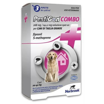 Pestigon combo 268 mg/241,2 mg soluzione spot-on per cani di taglia grande - 268 mg + 241,2 mg soluzione spot on per cani da 20 a 40 kg 3 pipette da 2,68 ml