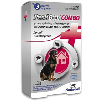 Pestigon combo 402 mg/361,8 mg soluzione spot-on per cani di taglia molto grande - 402 mg + 361,8 mg soluzione spot on per cani >40 kg 3 pipette da 4,02 ml