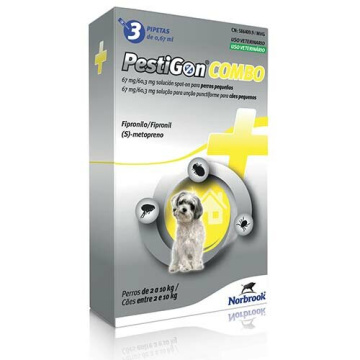 Pestigon combo 67 mg/60,3 mg soluzione spot-on per cani di piccola taglia - 67 mg + 60,3 mg soluzione spot on per cani da 2 a 10 kg 3 pipette da 0,67 ml