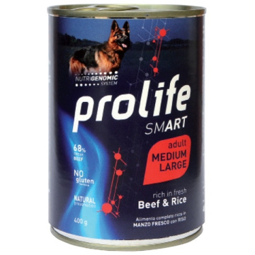 Prolife smart manzo fresco con riso cibo umido per cani adulti taglia media/grande lattina 400g
