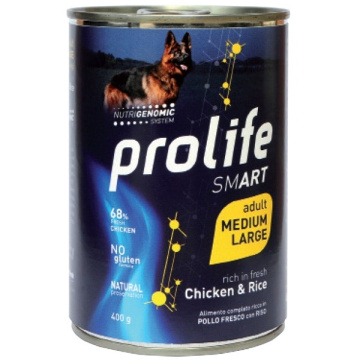 Prolife smart pollo fresco con riso cibo umido per cani adulti taglia medio/grande lattina 800g
