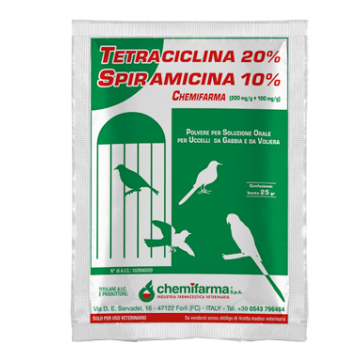 Tetraciclina 20% - spiramicina 10% - 200 mg/g + 100 mg/g polvere per soluzione orale per uccelli da gabbia e da voliera 1 busta da 25 g