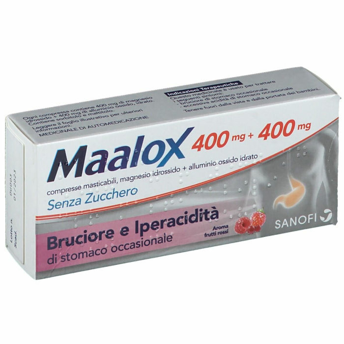 Maalox senza zucchero 400mg + 400mg antiacido aroma frutti rossi 30 compresse masticabili