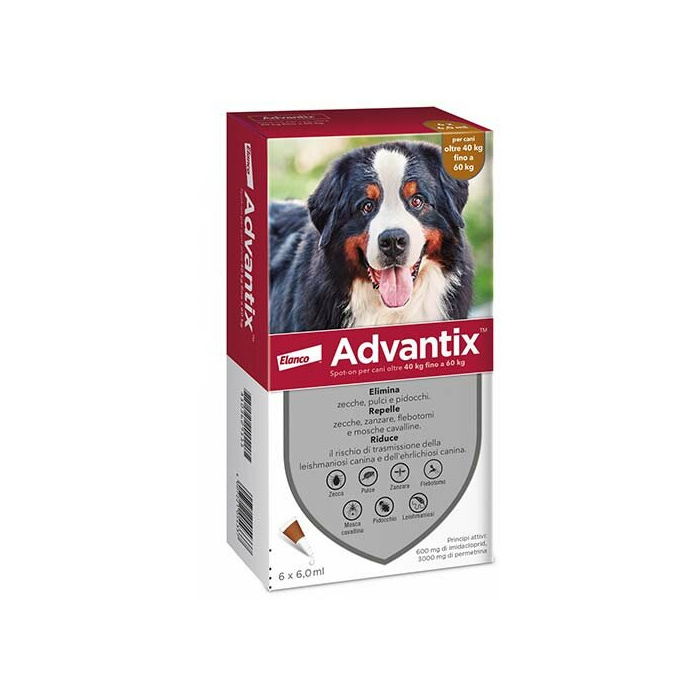 Advantix spot-on per cani oltre 40 kg fino a 60 kg - 600 mg + 3.000 mg soluzione spot on per cani da 40 a 60 kg 6 pipette da 6 ml