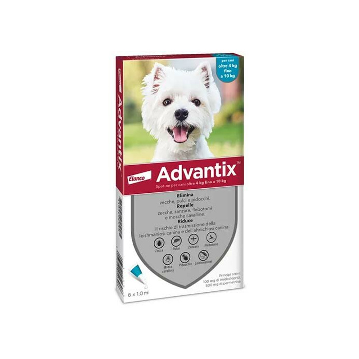 Advantix spot-on per cani oltre 4 kg fino a 10 kg - 100 mg + 500 mg soluzione spot on per cani da 4 a 10 kg 6 pipette da 1 ml