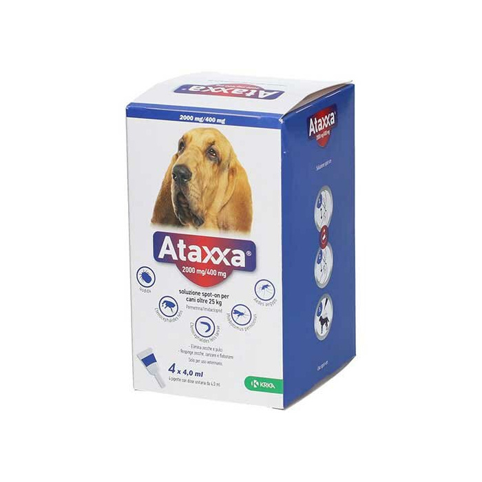 Ataxxa 2000 mg/400 mg soluzione spot-on per cani oltre 25 kg - 2.000 mg + 400 mg soluzione spot on per cani da 25 a 40 kg 4 pipette da 4 ml