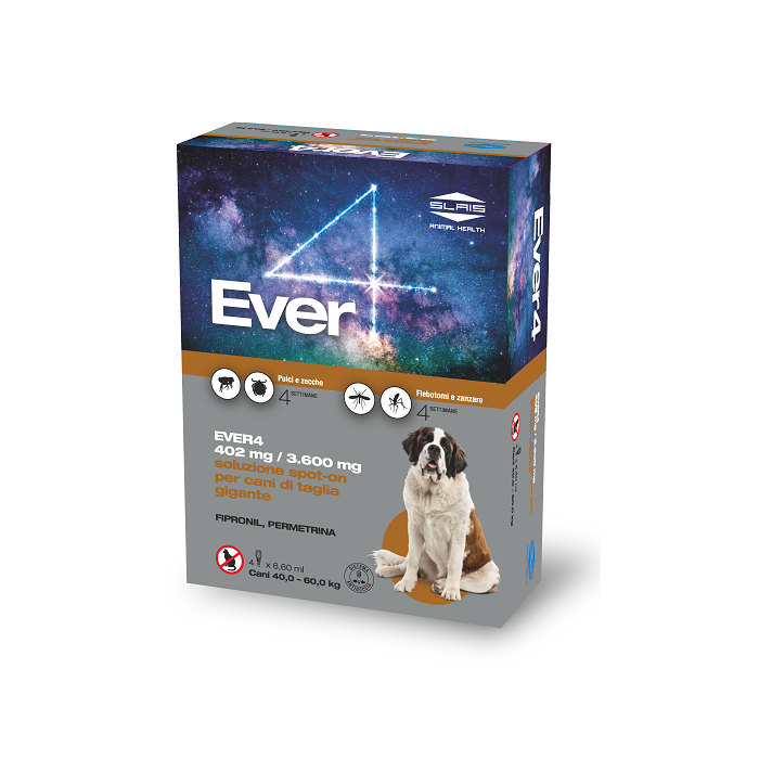 Ever 4 402 mg/3600 mg soluzione spot-on per cani di taglia gigante - 402 mg/3.600 mg soluzione spot-on per cani di taglia molto piccola scatola con 4 pipette da 6,60 ml