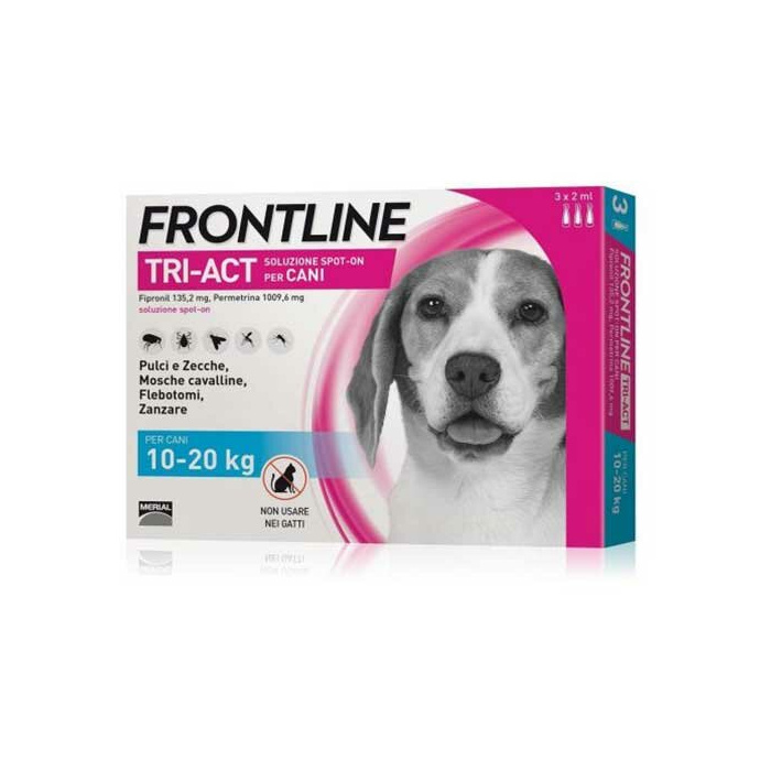 Frontline tri-act soluzione spot-on per cani di 10-20 kg - 135,2 mg + 1.009,6 mg soluzione spot on per cani di 10-20 kg 3 pipette da 2 ml